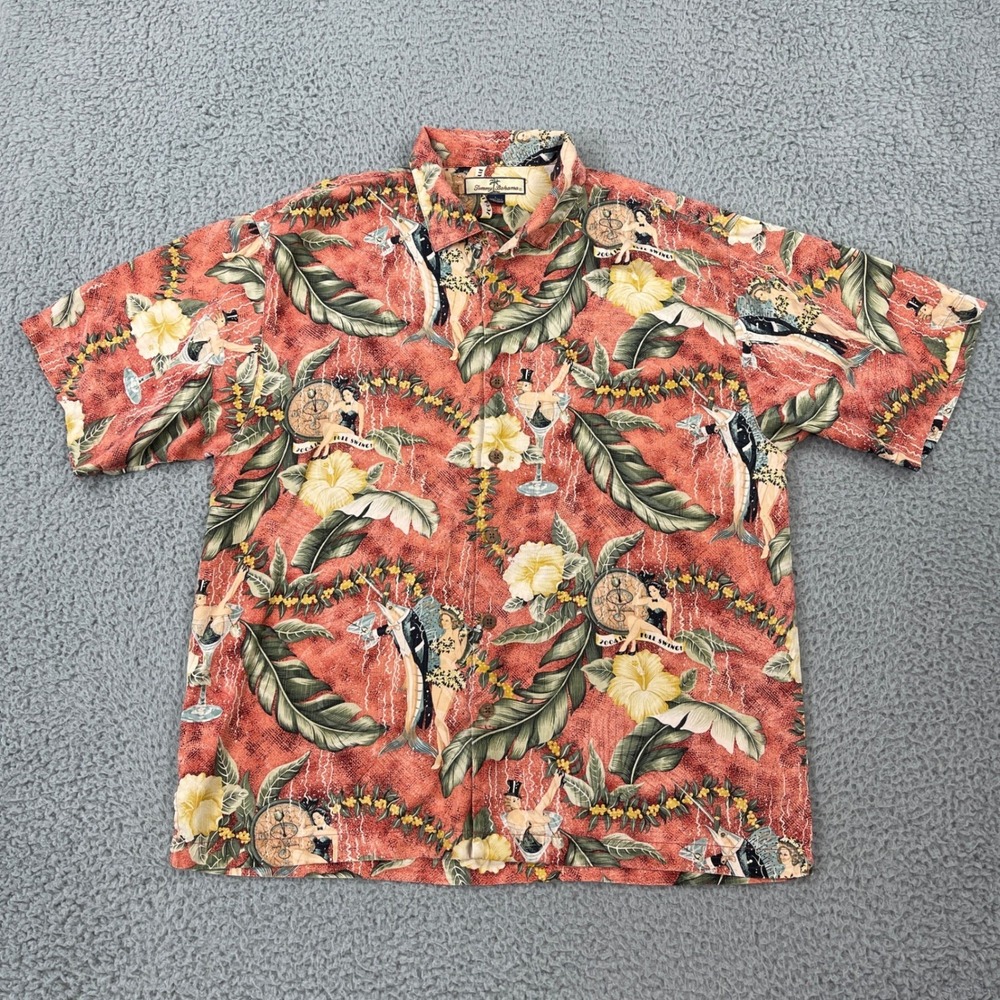 Tommy Bahama Silk Shirt Mens Large 2004 In Full Swing Pin Up Girl Floral Camp